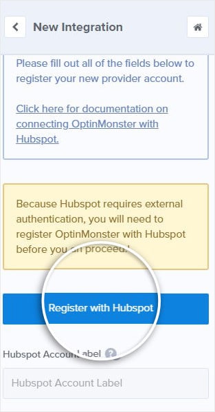 Register HubSpot in OptinMonster