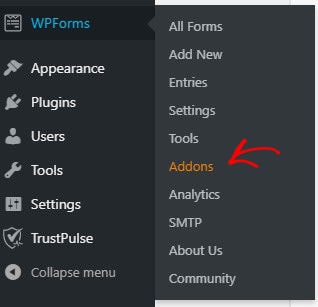 WPForms Addon menu