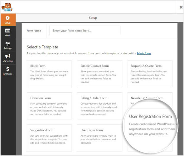 WPForms Builder User Registration Select