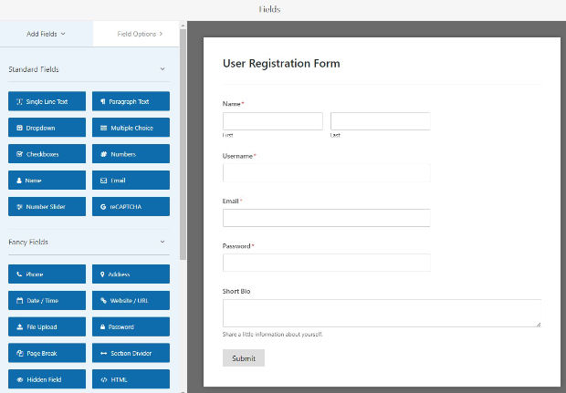 WPForms edit User Registration Form