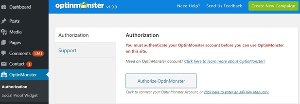 WordPress OptinMonster Authorize
