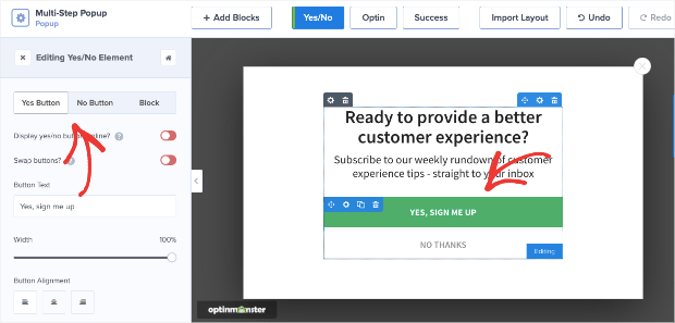 Yes No editing tools in OptinMonster editor