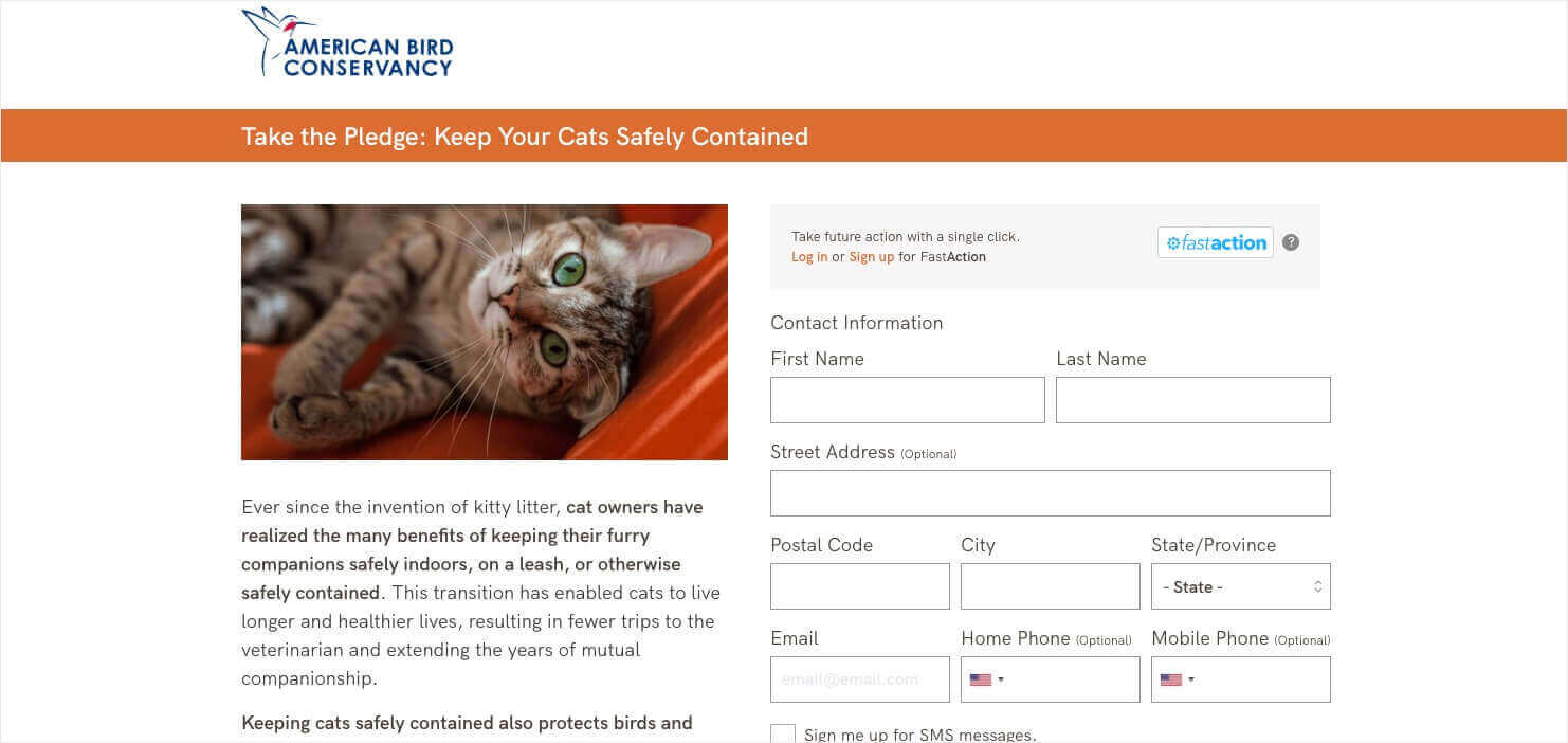 American Bird Conservancy webpage for its Indoor Cats Pledge