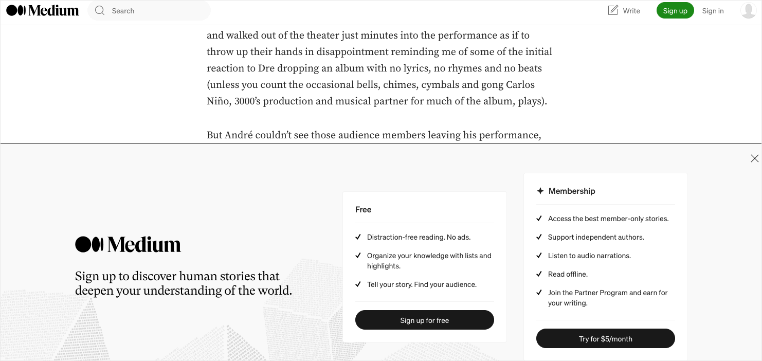 Medium's website popup asking users to either make a free account or sign up for a paid membership.