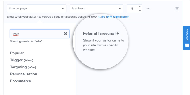 referral targeting rule with optinmonster