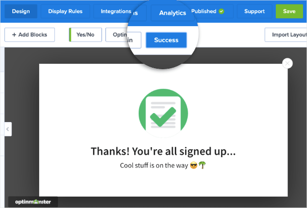 success view with optinmonster