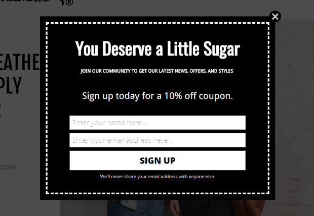 UrbanSouthern eCommerce popup example