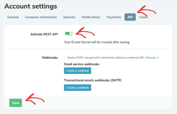 Account settings to activate rest API