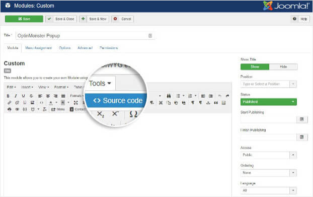 Choose source code in Joomla editor