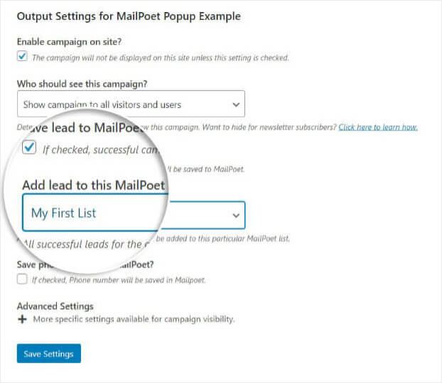 Edit Output Settings Choose List