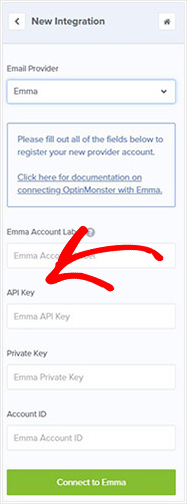 Emma API details in OptinMonster_
