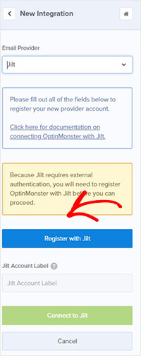 Jilt Account details OptinMonster