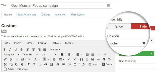 OptinMonster campaign details in Joomla