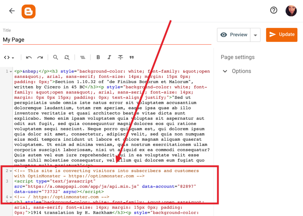 Paste OptinMonster embed code in your Blogger page or post.