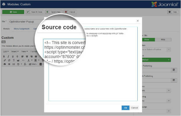 Source code popup in Joomla