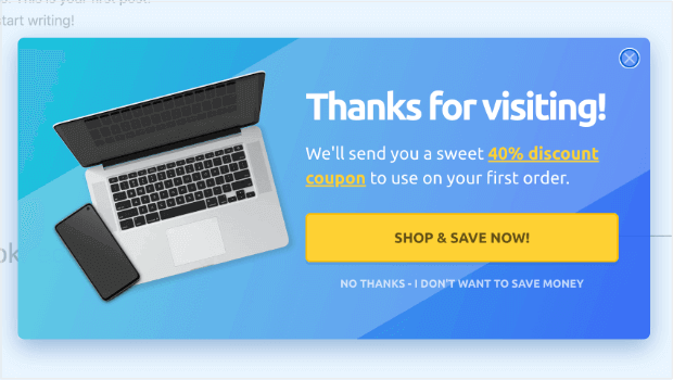 Popup that says "Thanks for visiting! We'll send you a sweet 40% discount to use on your first order" with a button to optin.