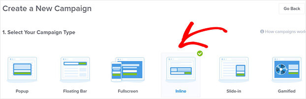 Choose inline camapaign in OptinMonster_