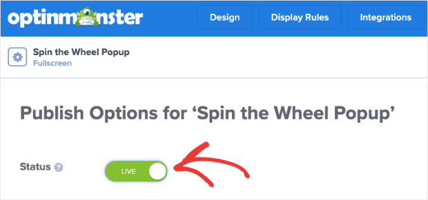 Publish options for spin the wheel popup