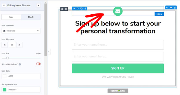 Remove email icon from transform template_