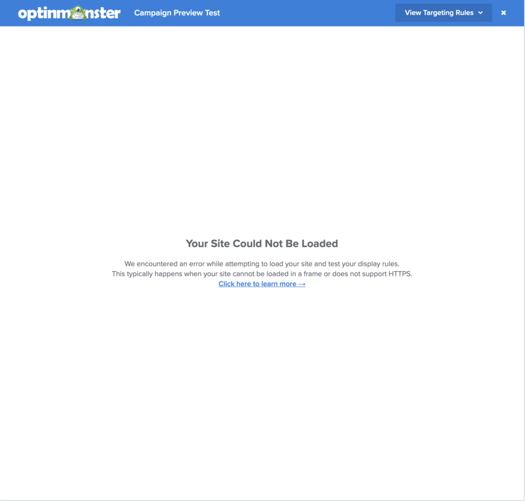 Test on Page feature in OptinMonster warning site couldn't be loaded.