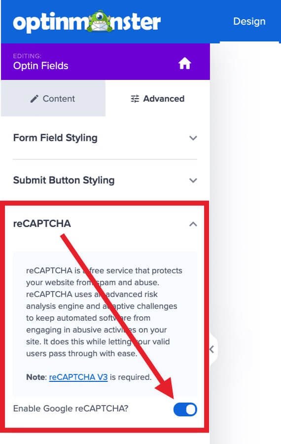 Disable Google reCAPTCHA for an individual OptinMonster campaign.