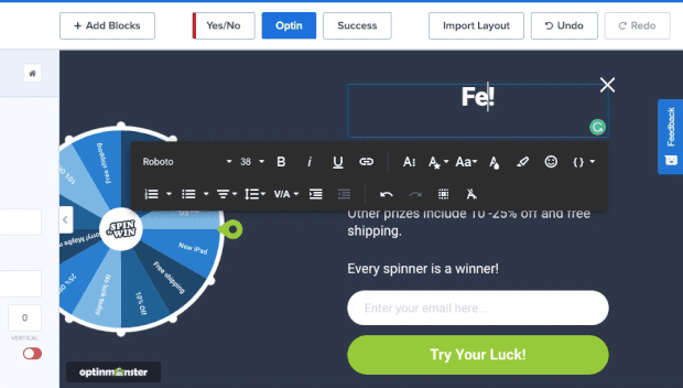 Inline text editor for spin to win wheel
