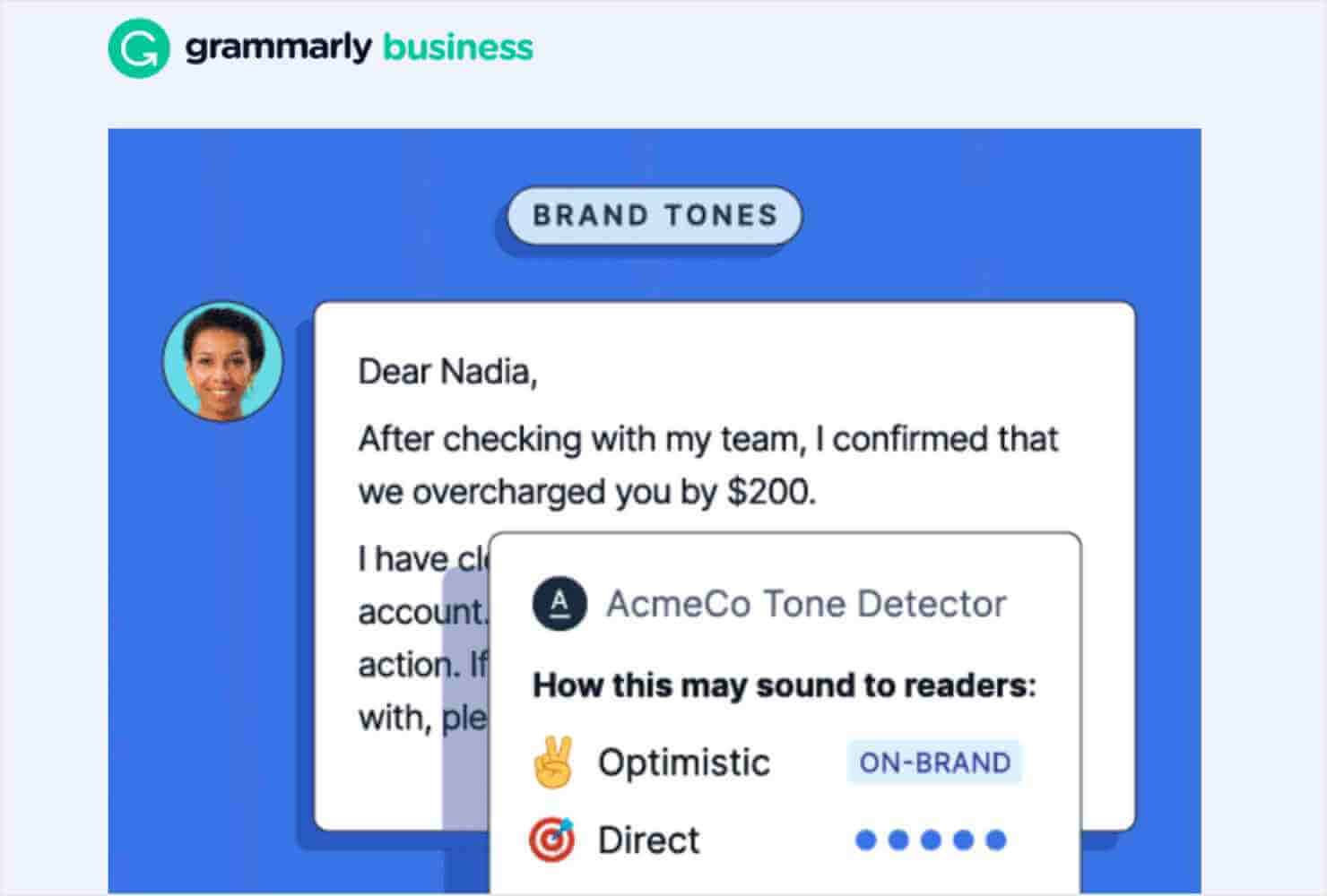Email with the Grammarly Business logo at the top. Still image from an animation showing Grammarly's Brand Tone detector in action.