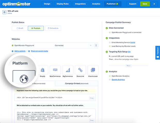 Publish screen platform options for embedding your OptinMonster campaign.