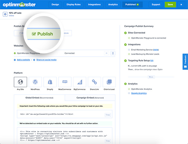 Publish Status in the OptinMonster campaign builder.