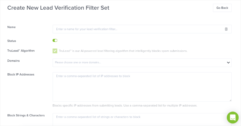 Lead Verification Configuration settings