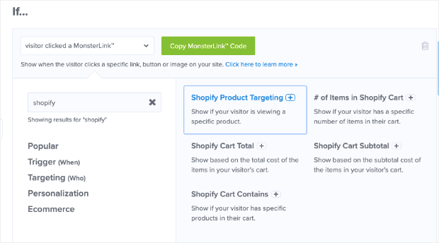 OptinMonster targeting rules for Shopify