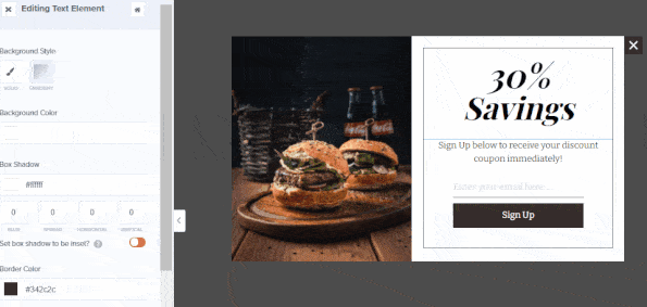 Restaurant email popup text inline edit