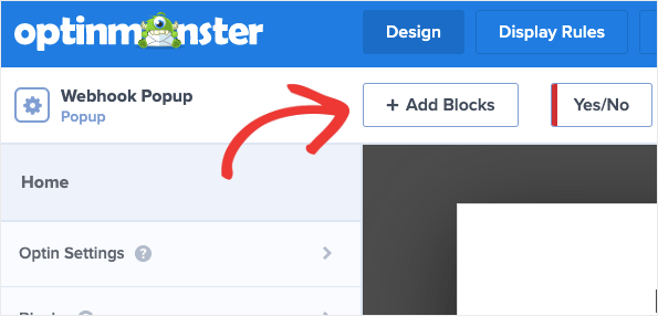 Add blocks to webhook popup