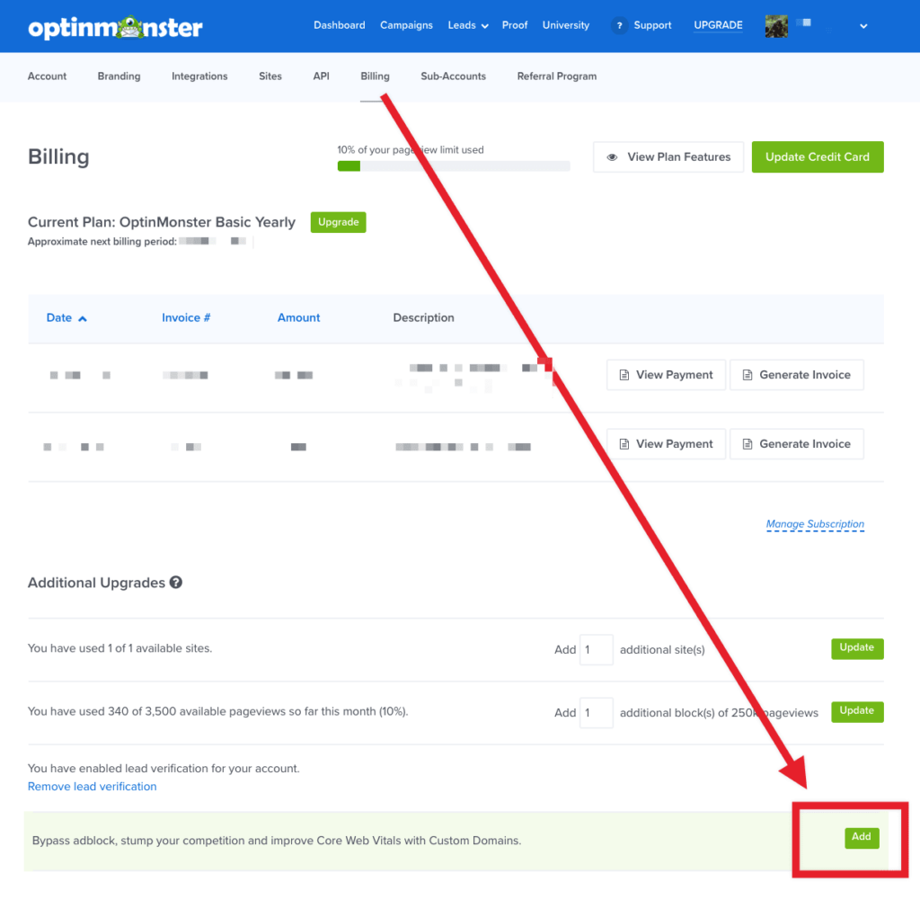 Add Custom Domains feature to your OptinMonster account from the Billing screen.