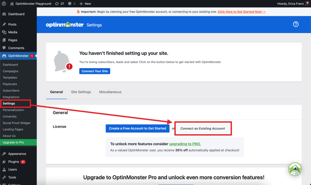 Connect your existing account to OptinMonster in WordPress.