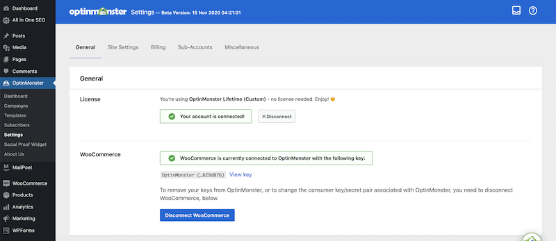 Settings of the OptinMonster plugin