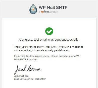 WordPress SMTP test email successful