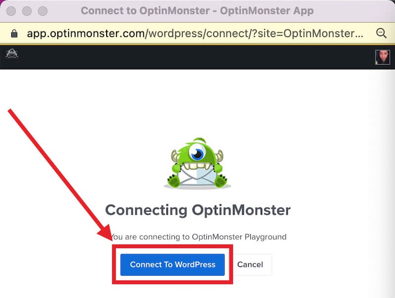 Connect to WordPress confirmation in the popup modal.