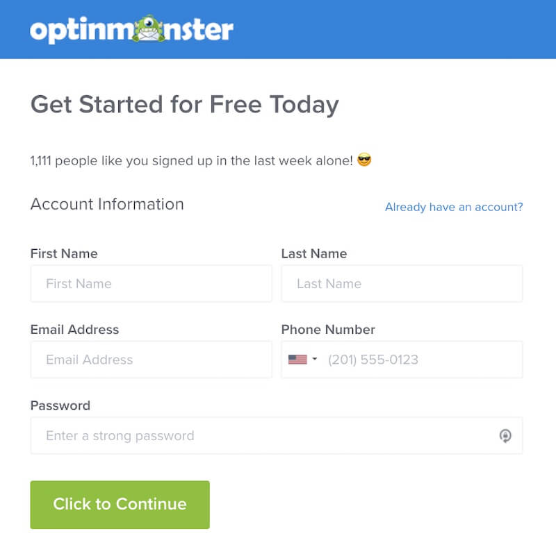 Free OptinMonster account registration form.