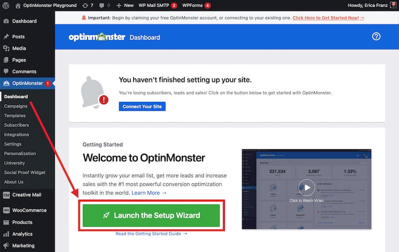 Launch the Setup Wizard in the OptinMonster plugin to get started.