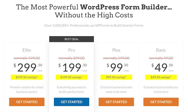 WPForms Yearly Pricing Packages: Basic, Plus, Pro, Elite.