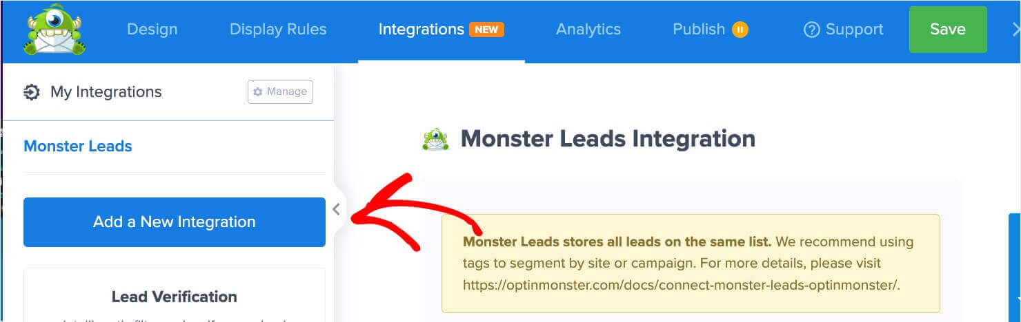 Click Add a New Integration button in OptinMonster