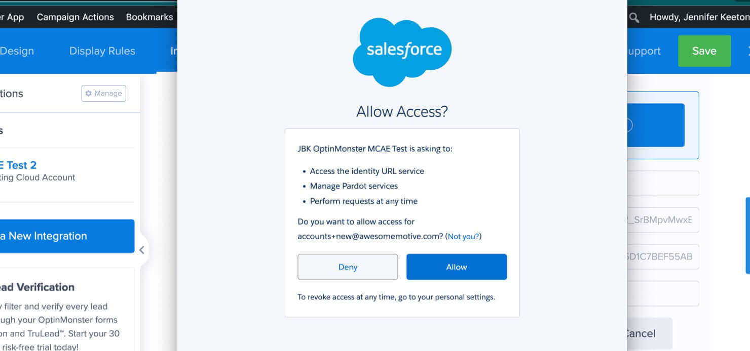 Popups asking to allow: Access the identity URL service, Manage Pardot services, Perform requests at any time