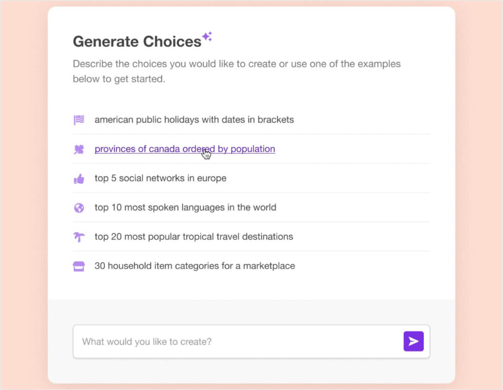 WPForms AI feature that lets you describe the types of choices you want the AI to generate for a form question.