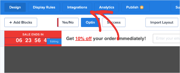 integrations tab in the optinmonster editor