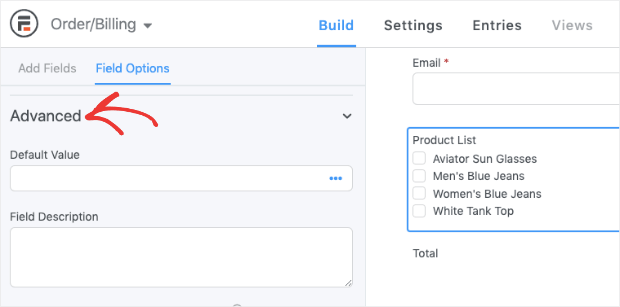 advanced section for editing radio buttons