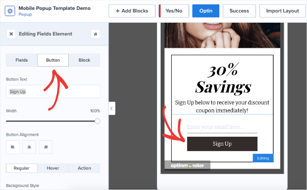 change the cta button for mobile popups with optinmonster