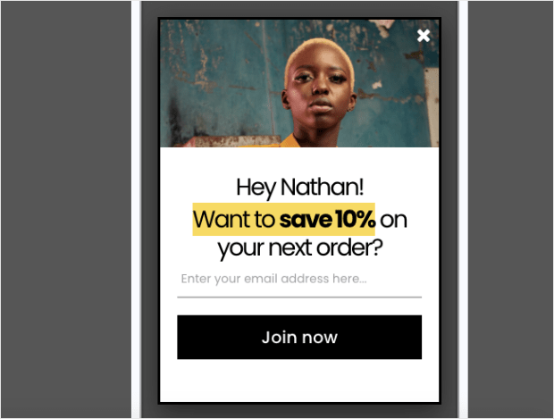 Mobile popup example. It's has a single column, simple text, and a large CTA button.