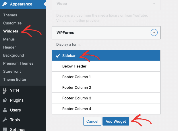 add wpform widget to wordpress sidebar