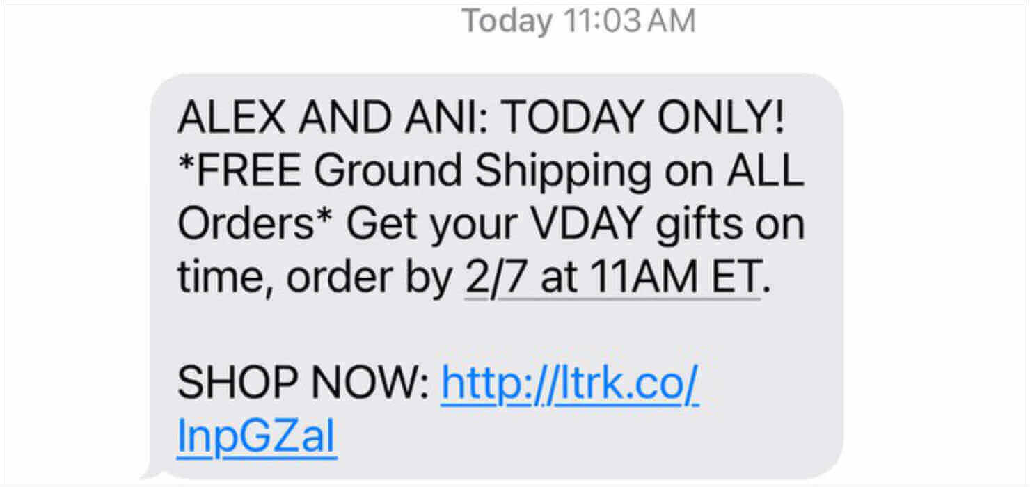 SMS marketing example from Alex and Ani that says "ALEX AND ANI: TODAY ONLY! *FREE Ground Shipping on ALL Orders* Get your VDAY gifts on time, order by 2/7 at 11AM ET. SHOP NOW:" Then there's a link